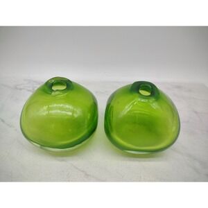 Pair Green Bud Squat Orb Vases Studio Art Glass Handblown Vintage Home Decor